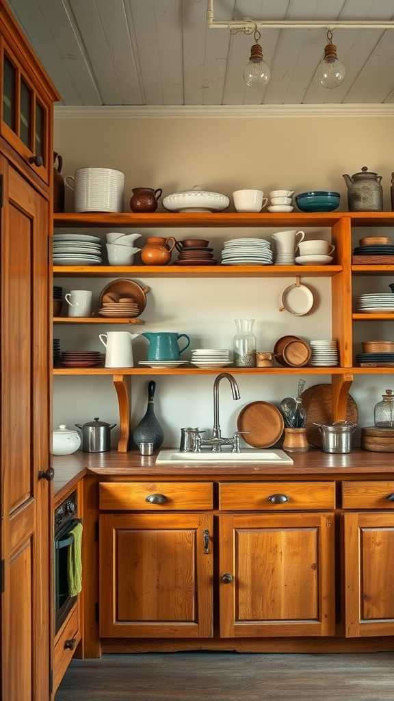 A cozy farmhouse kitchen with warm wooden cabinets and shelves filled with various dishware.