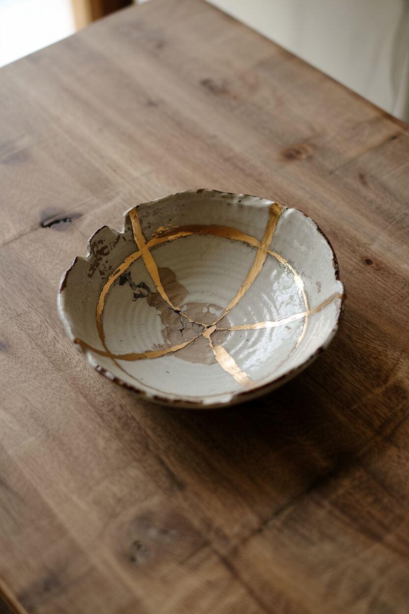 Japanese Minimalism Lifestyle: The Art of Mindful Living 2 A weathered ceramic bowl with visible cracks filled with gold kintsugi repair, placed on a simple wooden table. The bowl shows signs of age and use but is displayed as a treasured object. Natural light highlights the golden repairs and the bowl's irregular shape, with nothing else competing for attention in the frame.