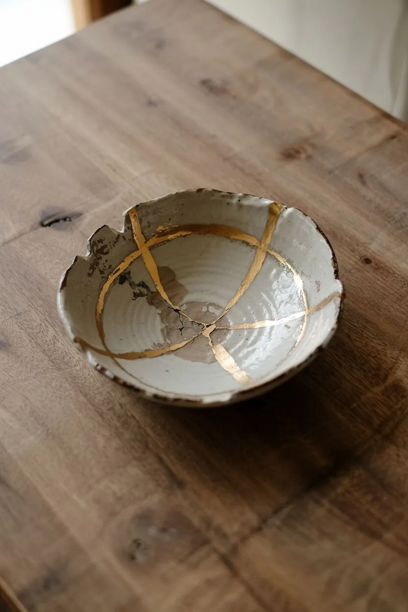 Japanese Minimalism Lifestyle: The Art of Mindful Living 2 A weathered ceramic bowl with visible cracks filled with gold kintsugi repair, placed on a simple wooden table. The bowl shows signs of age and use but is displayed as a treasured object. Natural light highlights the golden repairs and the bowl's irregular shape, with nothing else competing for attention in the frame.