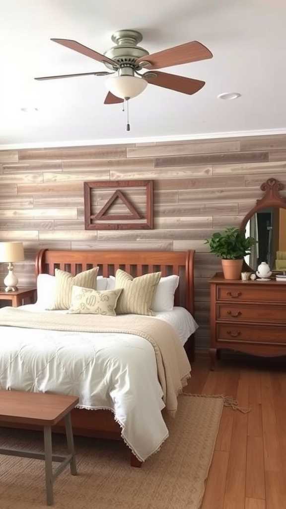 A rustic farmhouse bedroom with weathered wood accents, featuring wooden walls, furniture, and cozy textiles.