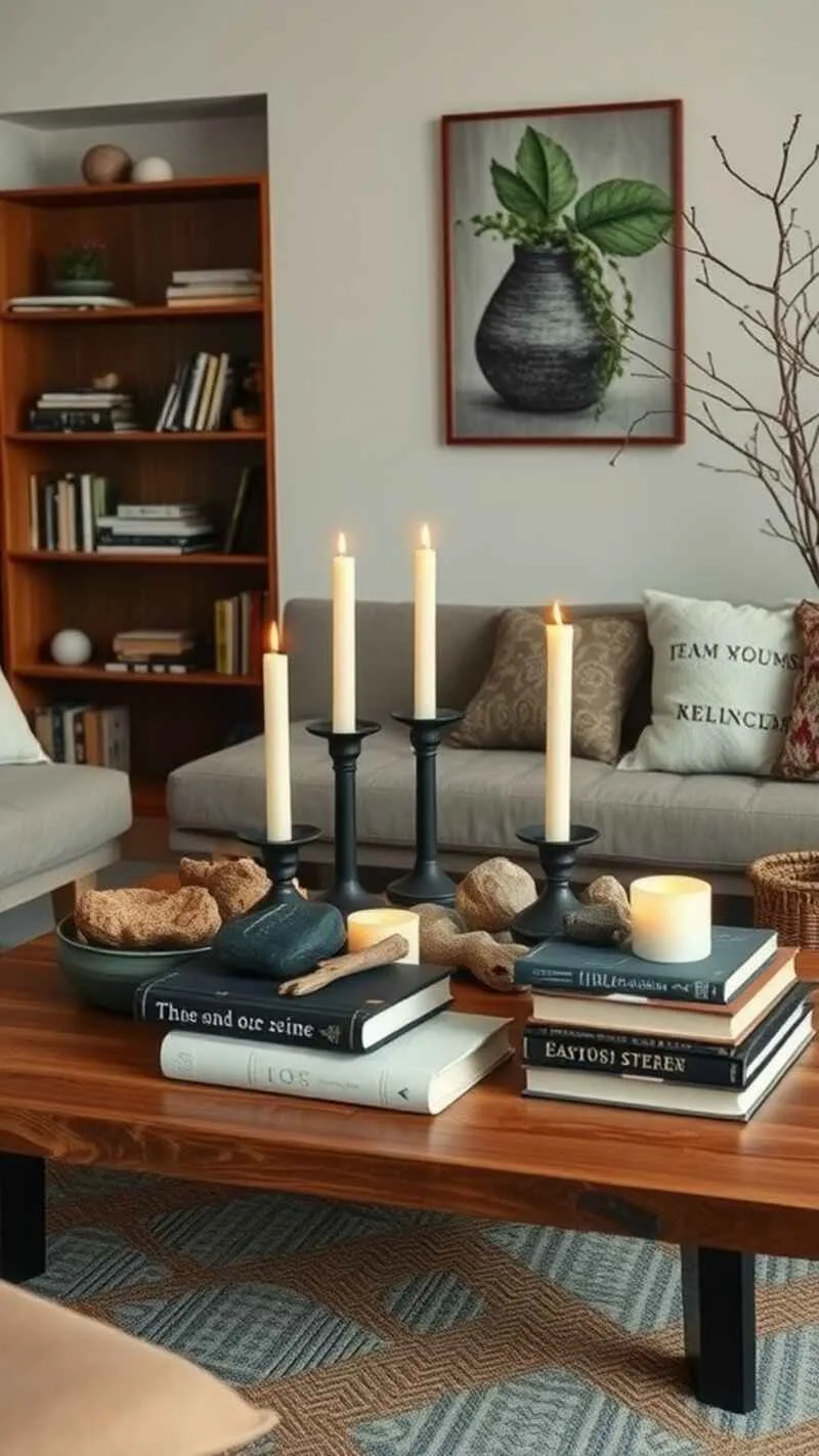 19 Wabi-Sabi Living Room Ideas for a Cozy & Timeless Space 13 A cozy living room coffee table display featuring candles, stones, and stacked books.
