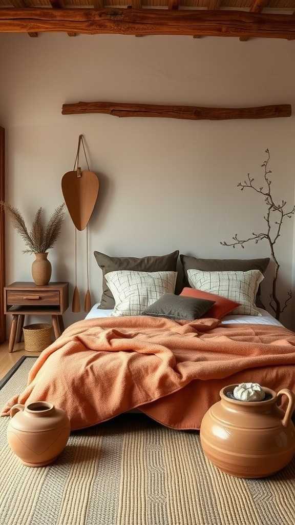 A cozy wabi sabi bedroom featuring earthy accents, potted plants, and warm colors.