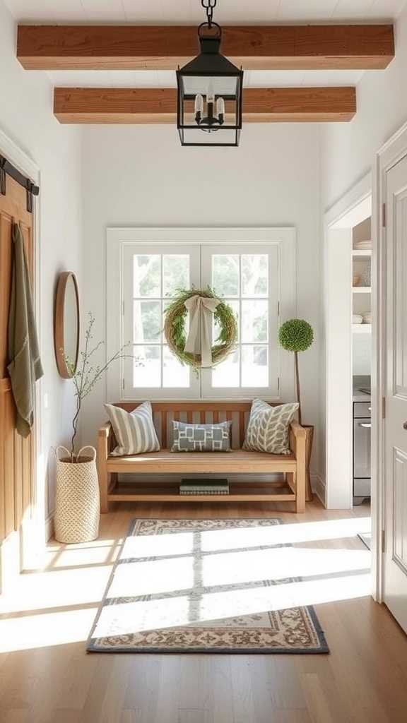 A cozy entryway featuring a bench, greenery, and rustic decor elements.