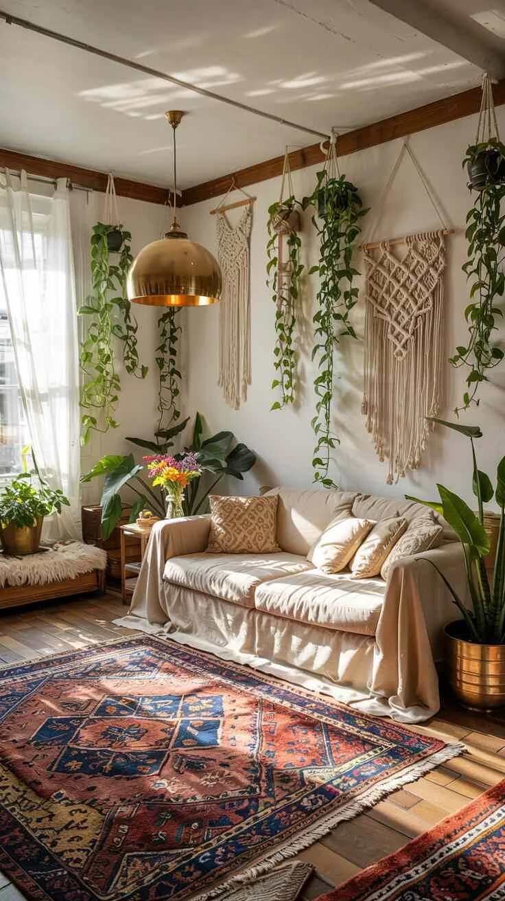 What is Bohemian Style Interior Design? The Boho Essentials 1 Sun-drenched bohemian living room with layered rugs, rattan furniture, colorful cushions, macramé hangings, and plants in brass planters.