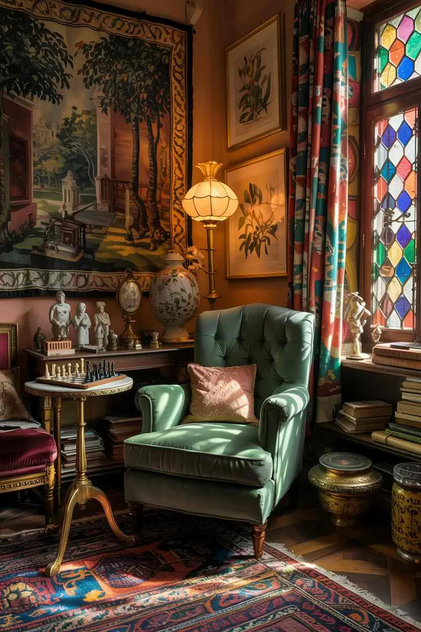 What is Bohemian Style Interior Design? The Boho Essentials 2 Sepia-toned vintage bohemian apartment with tapestries, oriental rugs, antique furniture, and art-covered walls filled with books.