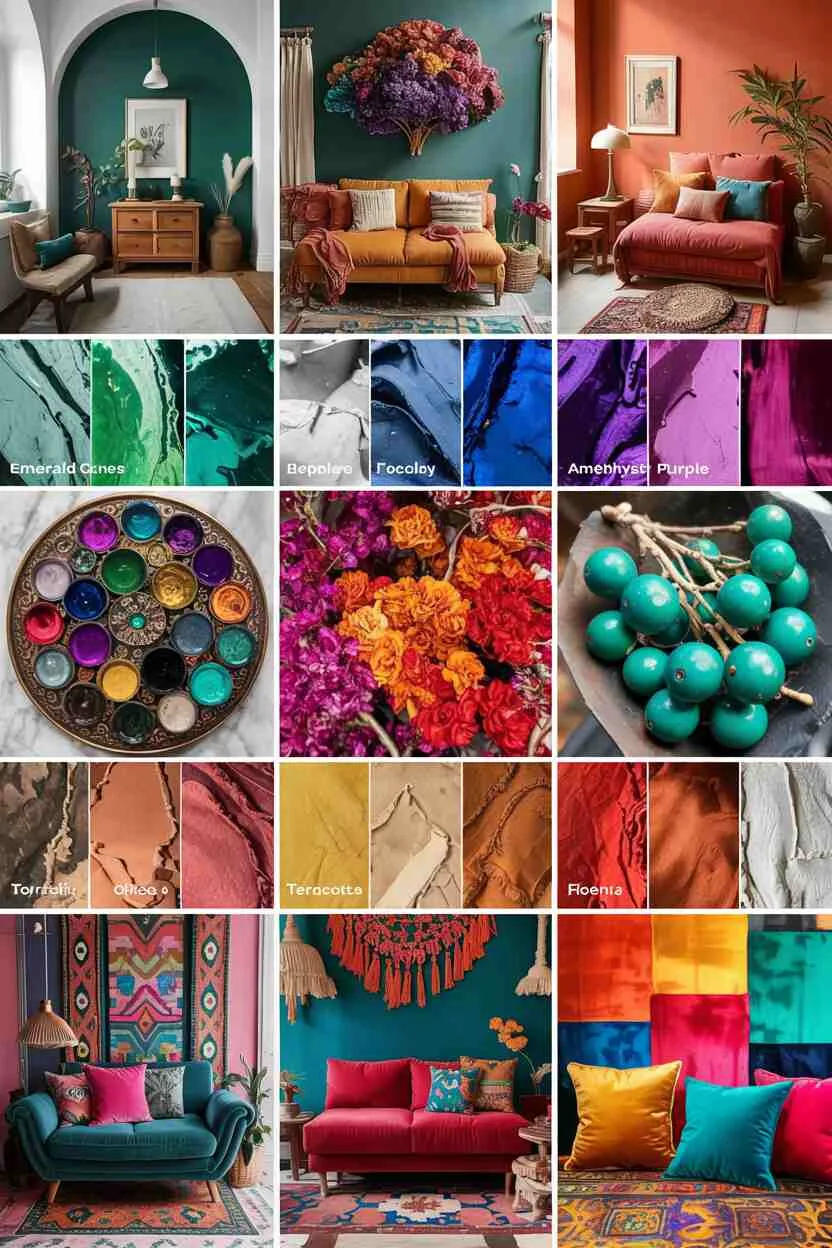 What is Bohemian Style Interior Design? The Boho Essentials 4 Color palette board featuring jewel tones, earthy neutrals, and vibrant accents arranged with sample bohemian room vignettes.