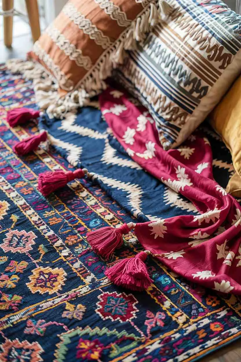 What is Bohemian Style Interior Design? The Boho Essentials 5 Close-up of layered bohemian textiles showing Persian rug, ikat throw, suzani pillows, batik fabric, and macramé with shared colors.
