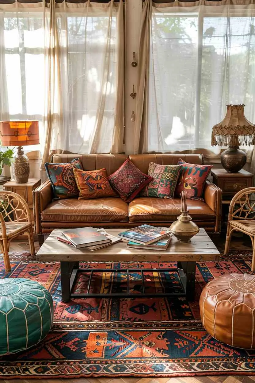 What is Bohemian Style Interior Design? The Boho Essentials 6 Bohemian living room with leather sofa, peacock chairs, reclaimed wood table, Moroccan poufs, and floor cushions on layered rugs.