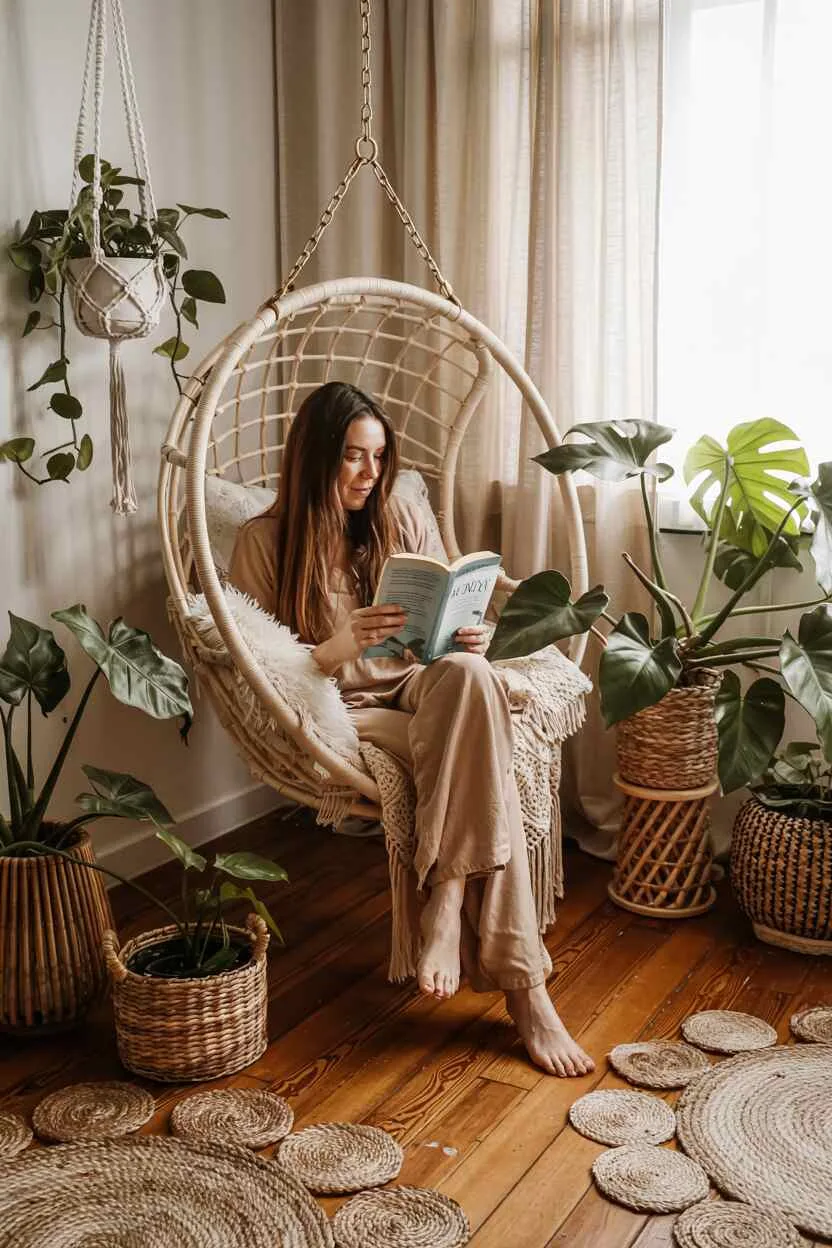 What is Bohemian Style Interior Design? The Boho Essentials 7 Plant-filled bohemian space with macramé holders, monstera plants, rattan chair, jute rugs, and wooden furniture in natural light.