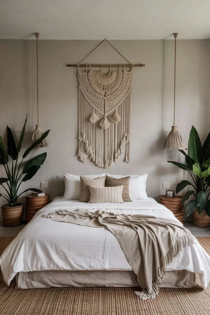 What is Bohemian Style Interior Design? The Boho Essentials 9 Minimalist bohemian bedroom with low platform bed, simple linens, single wall hanging, strategic plants, and neutral color palette.