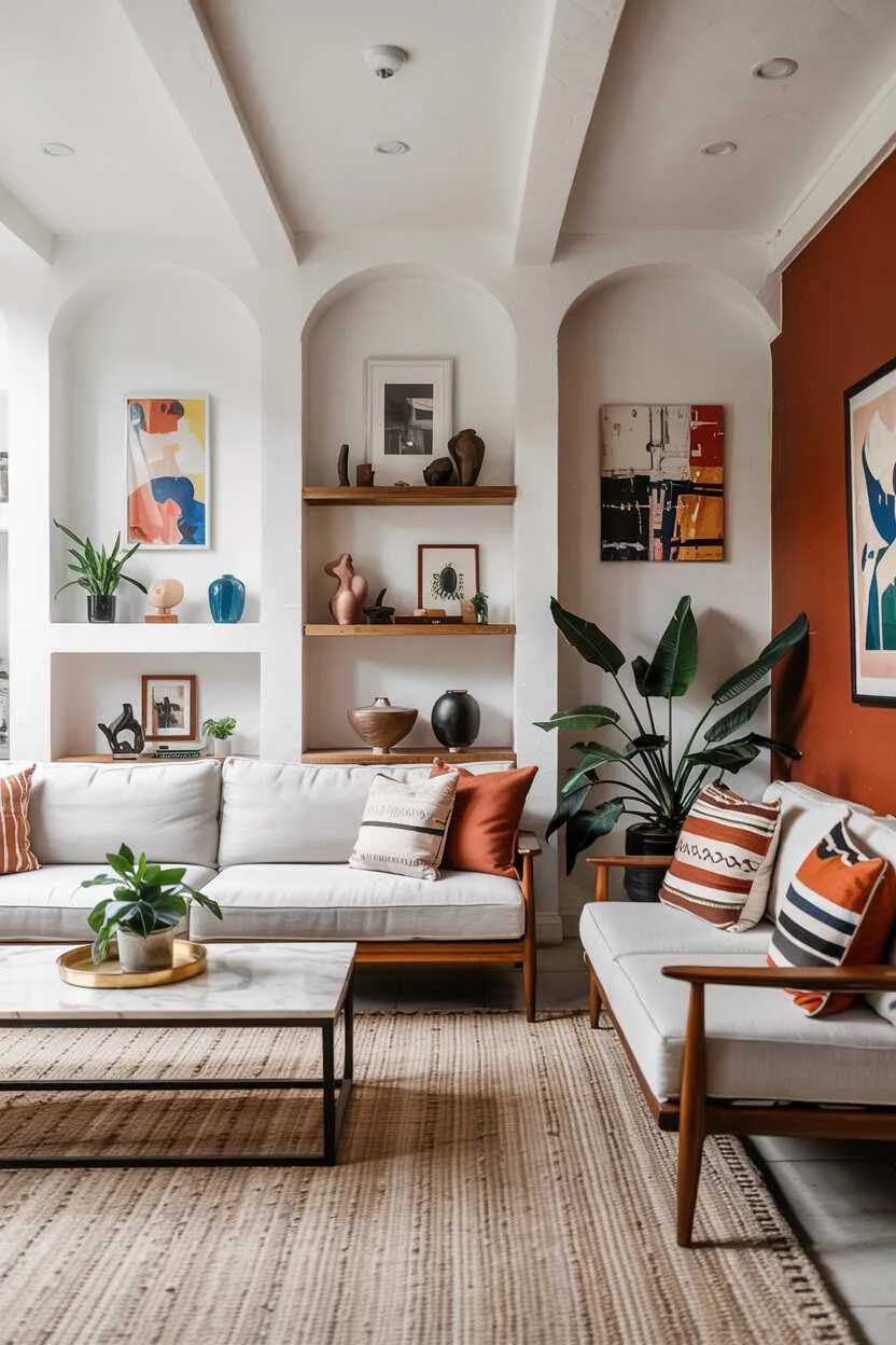 What is Bohemian Style Interior Design? The Boho Essentials 10 Modern bohemian space with mid-century furniture, global objects, minimalist shelving, plants, white walls, and one accent wall.