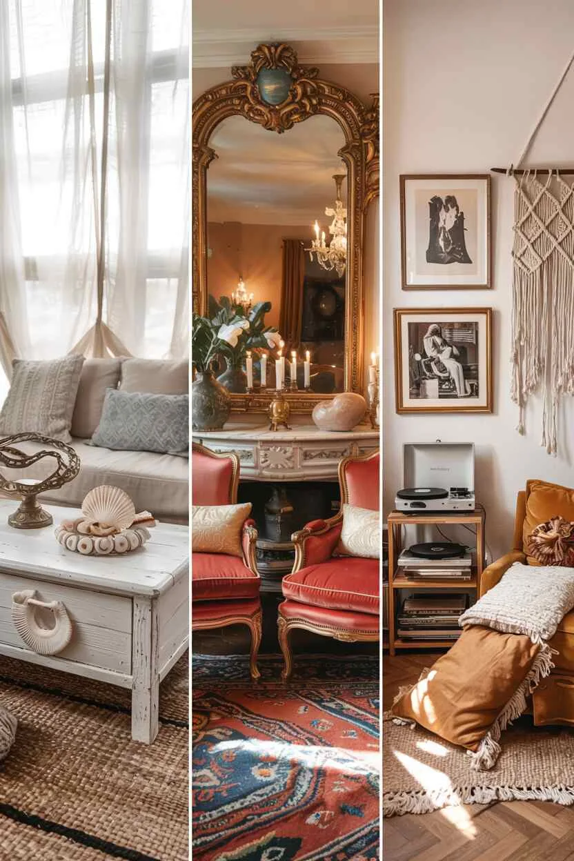 What is Bohemian Style Interior Design? The Boho Essentials 11 Triptych showing boho-beach style, European-boho elegance, and 70s-inspired bohemian aesthetic variations side by side.