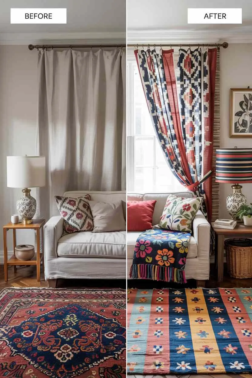 What is Bohemian Style Interior Design? The Boho Essentials 12 Before-and-after split image showing neutral room transformed with Persian rug, patterned curtains, pillows, and lampshades.