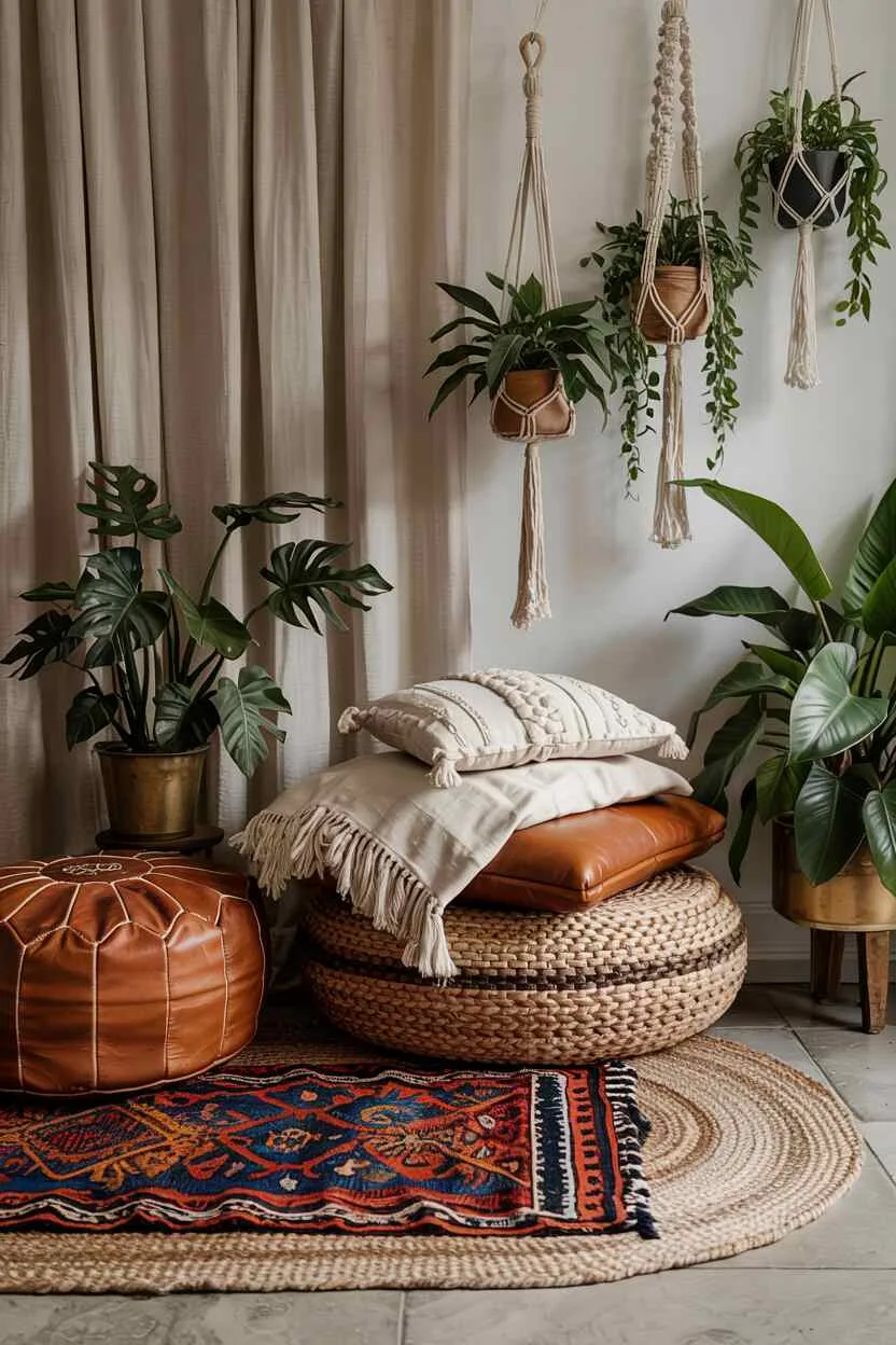 What is Bohemian Style Interior Design? The Boho Essentials 13 Close-up of textural layering showing jute and wool rugs, leather and velvet seating, linen, silk, wood, and metal contrasts.