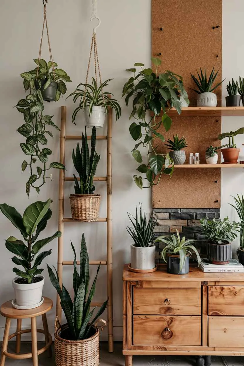 What is Bohemian Style Interior Design? The Boho Essentials 14 Bohemian space with plants at varied heights, wood furniture, bamboo ladder plant stand, cork walls, and stone accents.