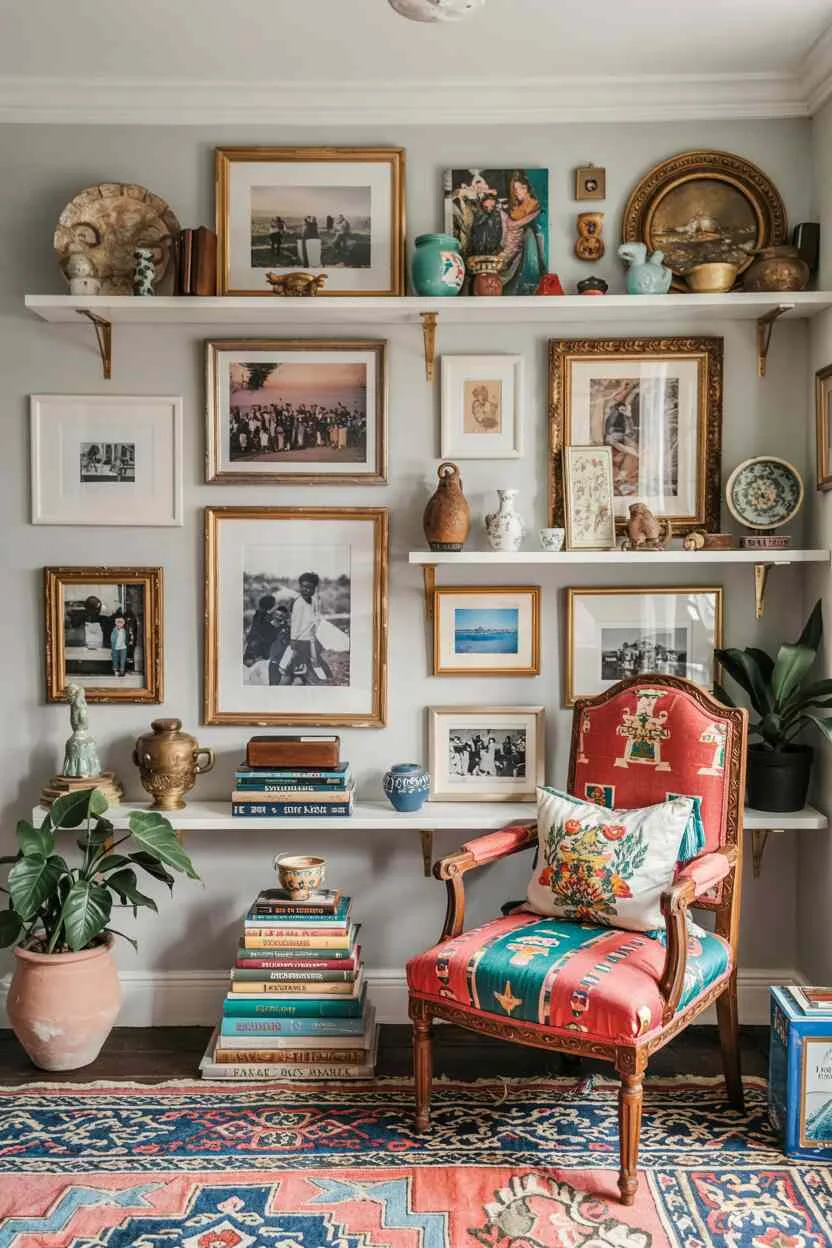 What is Bohemian Style Interior Design? The Boho Essentials 15 Personalized display with mixed frame gallery, travel treasures on shelving, vintage books as pedestals, and family photographs.