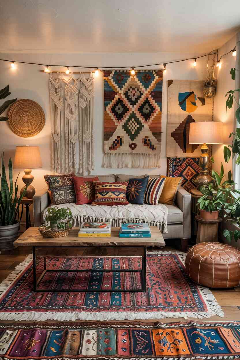 Cozy bohemian living space with low sofa, patterned pillows, leather pouf, layered rugs, macramé, plants, and warm lighting.