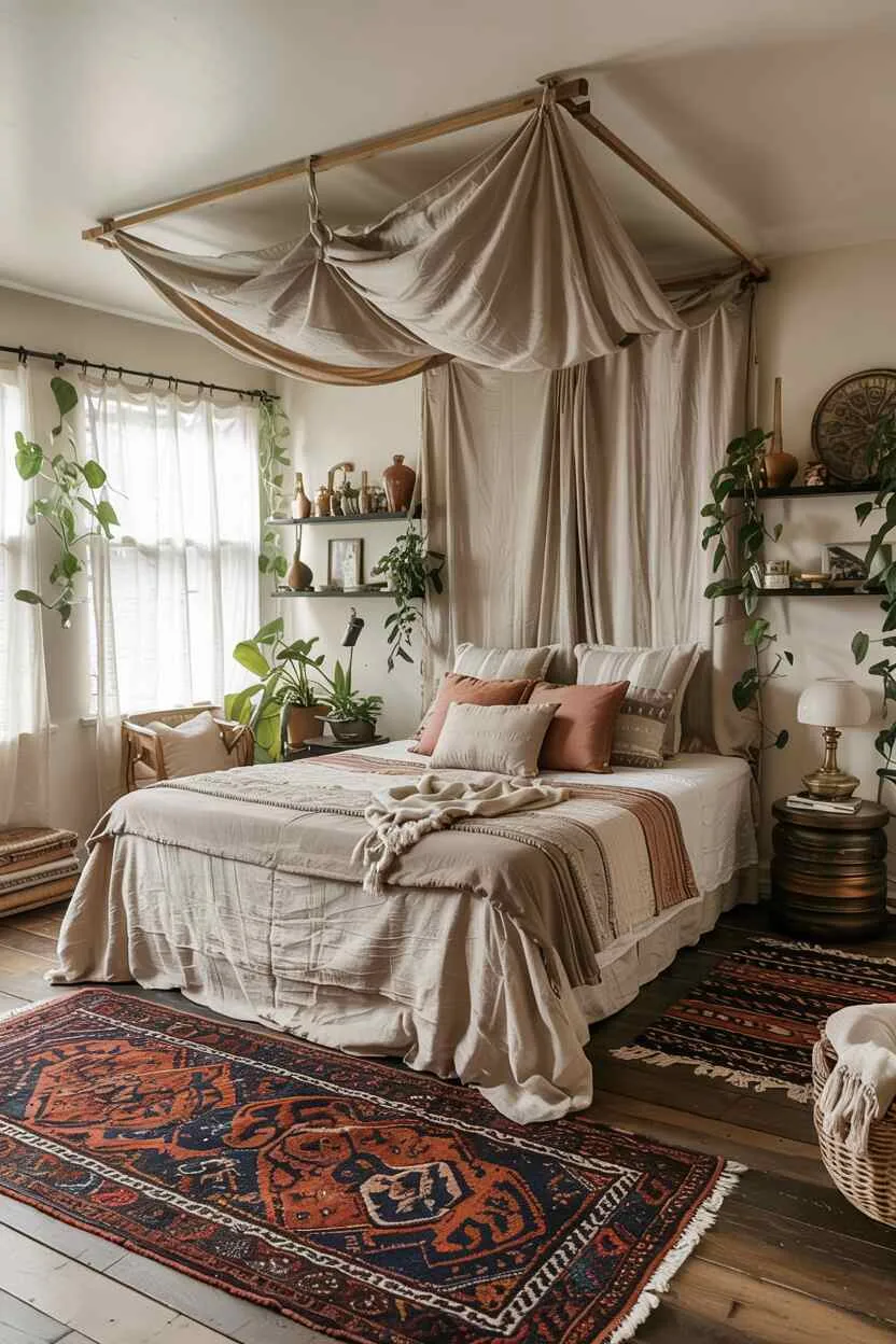 What is Bohemian Style Interior Design? The Boho Essentials 17 Dreamy bohemian bedroom with canopy bed, mixed linens, vintage nightstands, trailing plants, Persian rug, and personal treasures.