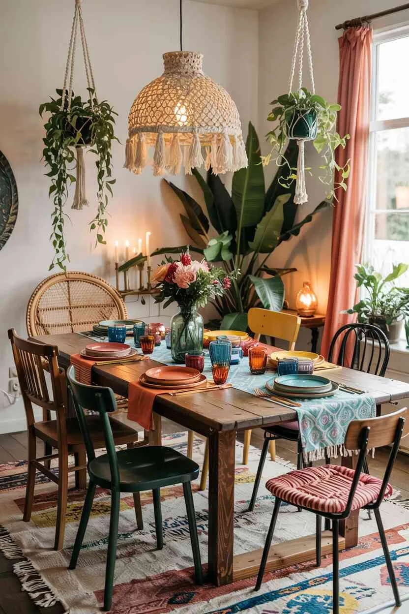 What is Bohemian Style Interior Design? The Boho Essentials 18 Eclectic dining space with rustic table, mismatched chairs, layered textiles, colorful ceramics, hanging plants, and ambient lighting.