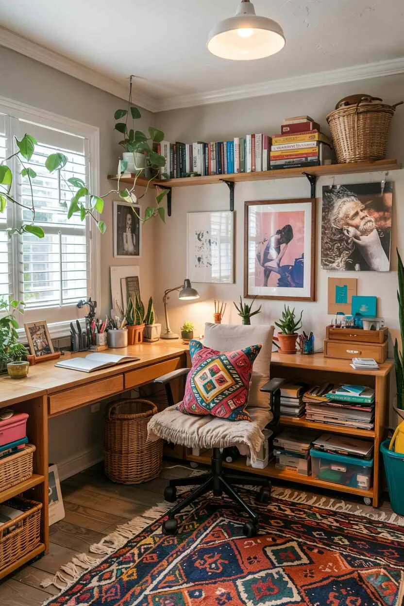 What is Bohemian Style Interior Design? The Boho Essentials 19 Creative workspace near window with wooden desk, colorful cushion, inspiring shelves, gallery wall, organized storage, and plants.