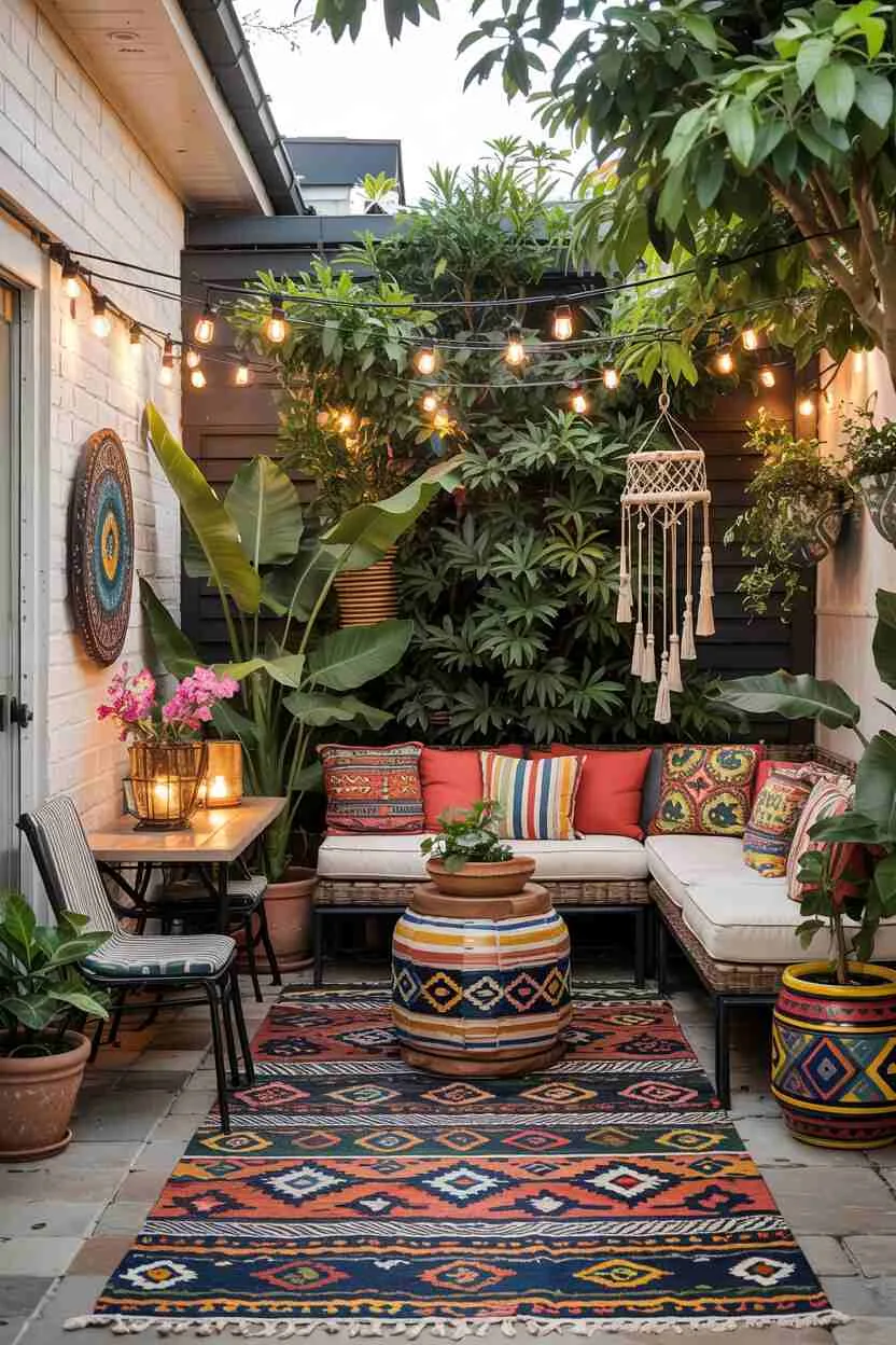 What is Bohemian Style Interior Design? The Boho Essentials 20 Bohemian patio with patterned cushions, layered rugs, potted plants, string lights, mismatched dining set, and colorful planters.