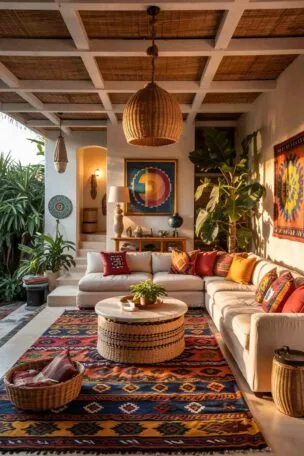 Golden-hour wide-angle view of bohemian home with layered textiles, natural furniture, plants, global influences, and warm lighting.