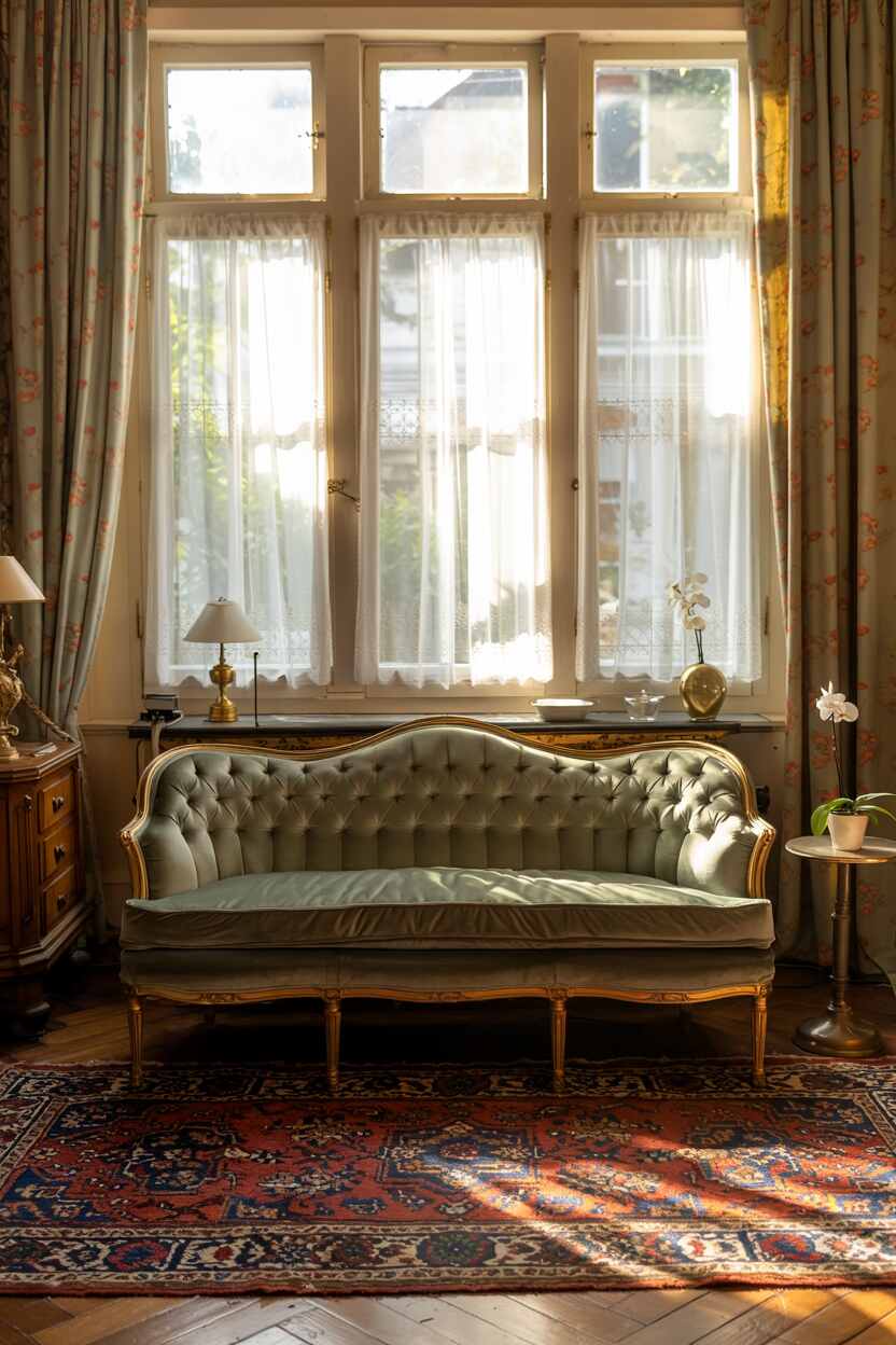 What is Vintage Interior Design Style: Timeless Appeal 1 Vintage-styled living room with 1950s green velvet sofa, warm woods, brass accents, and lace curtains filtering light.