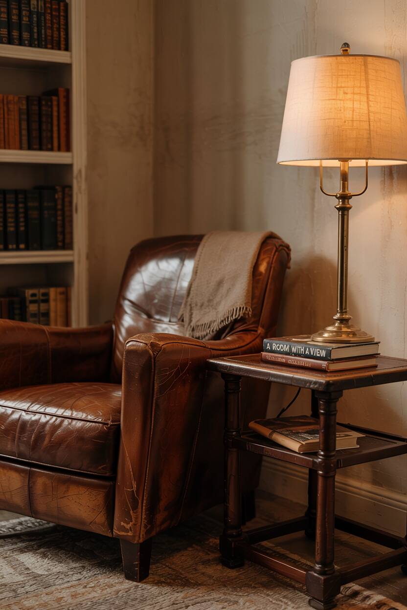 What is Vintage Interior Design Style: Timeless Appeal 2 Vintage reading nook with weathered leather chair, antique wooden side table, classic lamp with fabric shade, and collection of old books.