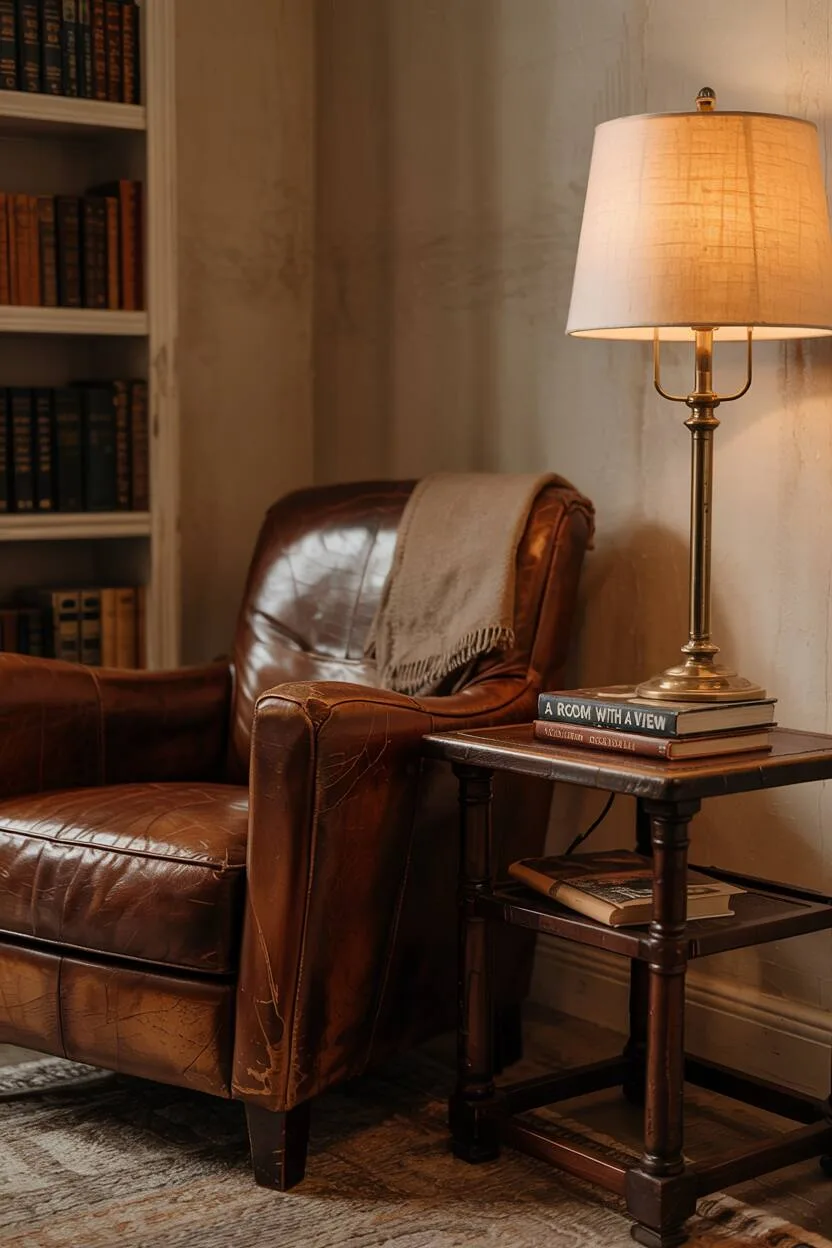 What is Vintage Interior Design Style: Timeless Appeal 2 Vintage reading nook with weathered leather chair, antique wooden side table, classic lamp with fabric shade, and collection of old books.