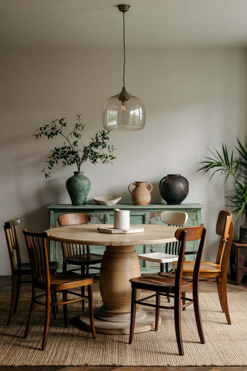 What is Vintage Interior Design Style: Timeless Appeal 3 Vintage dining space with round oak pedestal table, mismatched wooden chairs, simple glass pendant light, and weathered wooden sideboard.