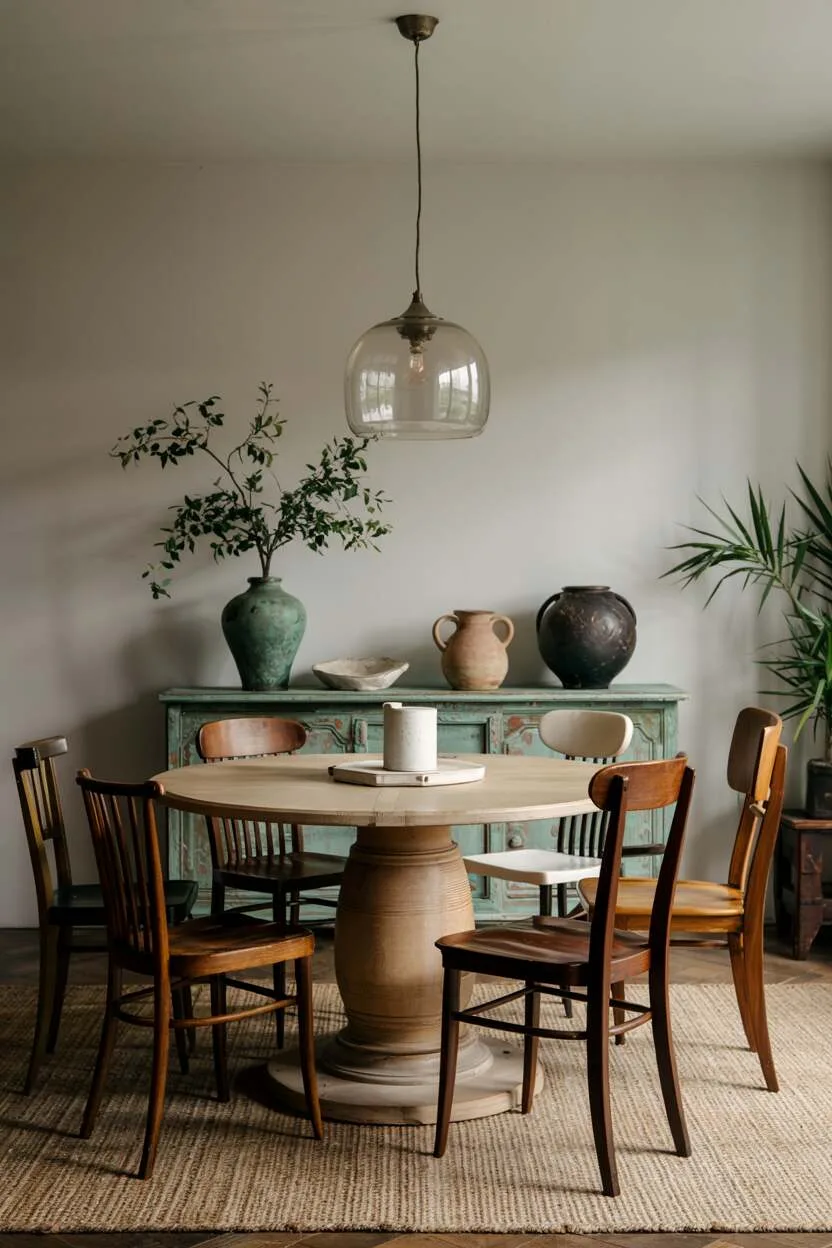 What is Vintage Interior Design Style: Timeless Appeal 3 Vintage dining space with round oak pedestal table, mismatched wooden chairs, simple glass pendant light, and weathered wooden sideboard.