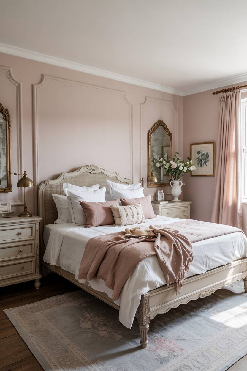 What is Vintage Interior Design Style: Timeless Appeal 4 Vintage bedroom with soft pink walls, carved wooden bed frame, white linens, brass lamps, and light filtering through curtains.