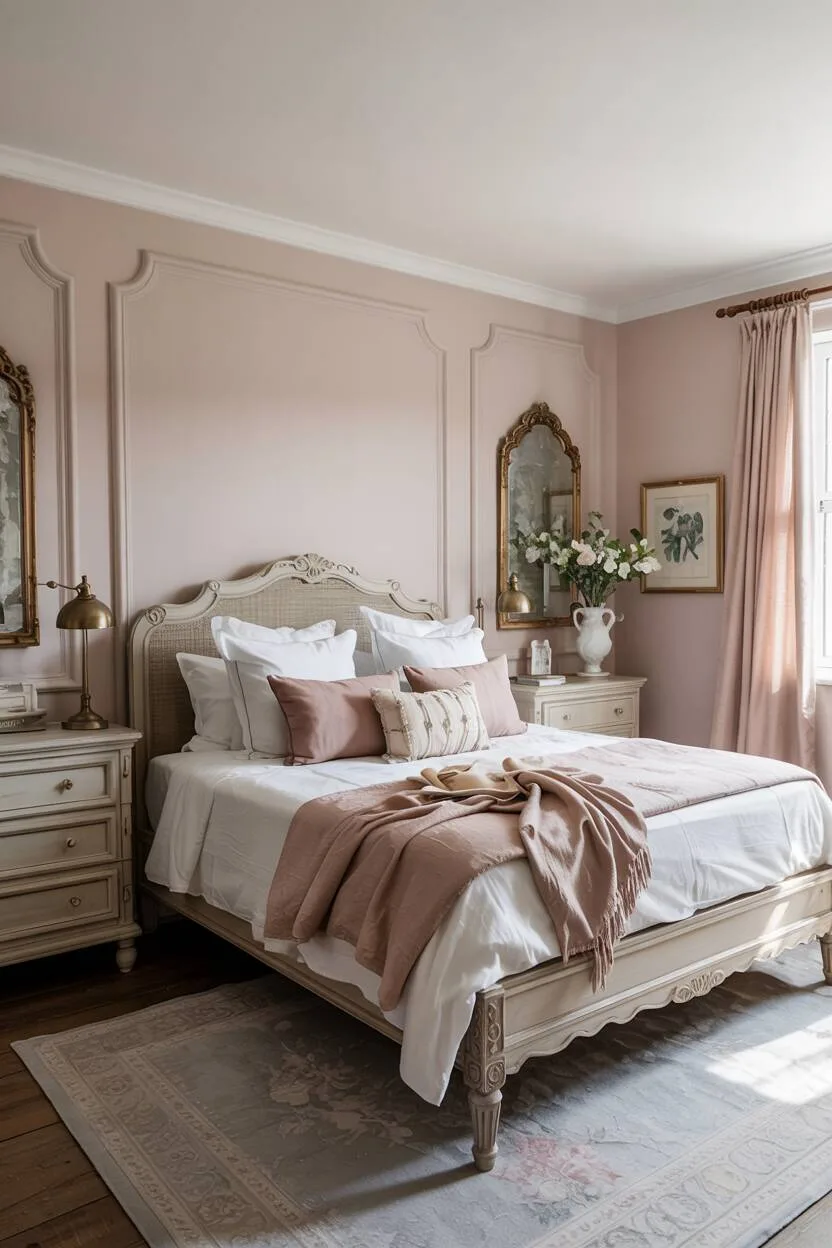 What is Vintage Interior Design Style: Timeless Appeal 4 Vintage bedroom with soft pink walls, carved wooden bed frame, white linens, brass lamps, and light filtering through curtains.