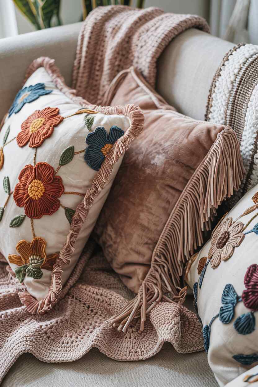 What is Vintage Interior Design Style: Timeless Appeal 5 Close-up of vintage textile layers showing floral cushions, crocheted throw with scallops, and velvet pillows with fringe.