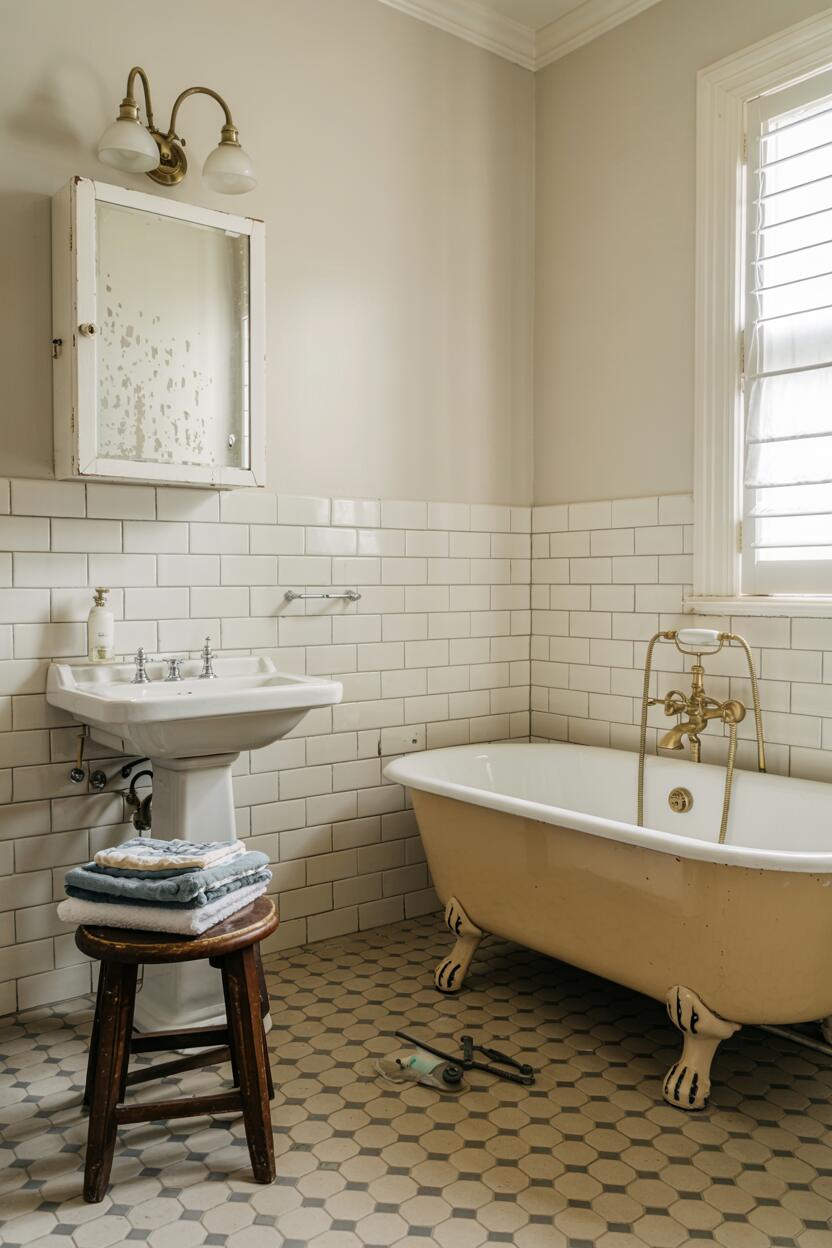 What is Vintage Interior Design Style: Timeless Appeal 6 Vintage bathroom featuring claw-foot tub, brass fixtures, hexagonal floor tiles, pedestal sink, and wooden stool holding towels.