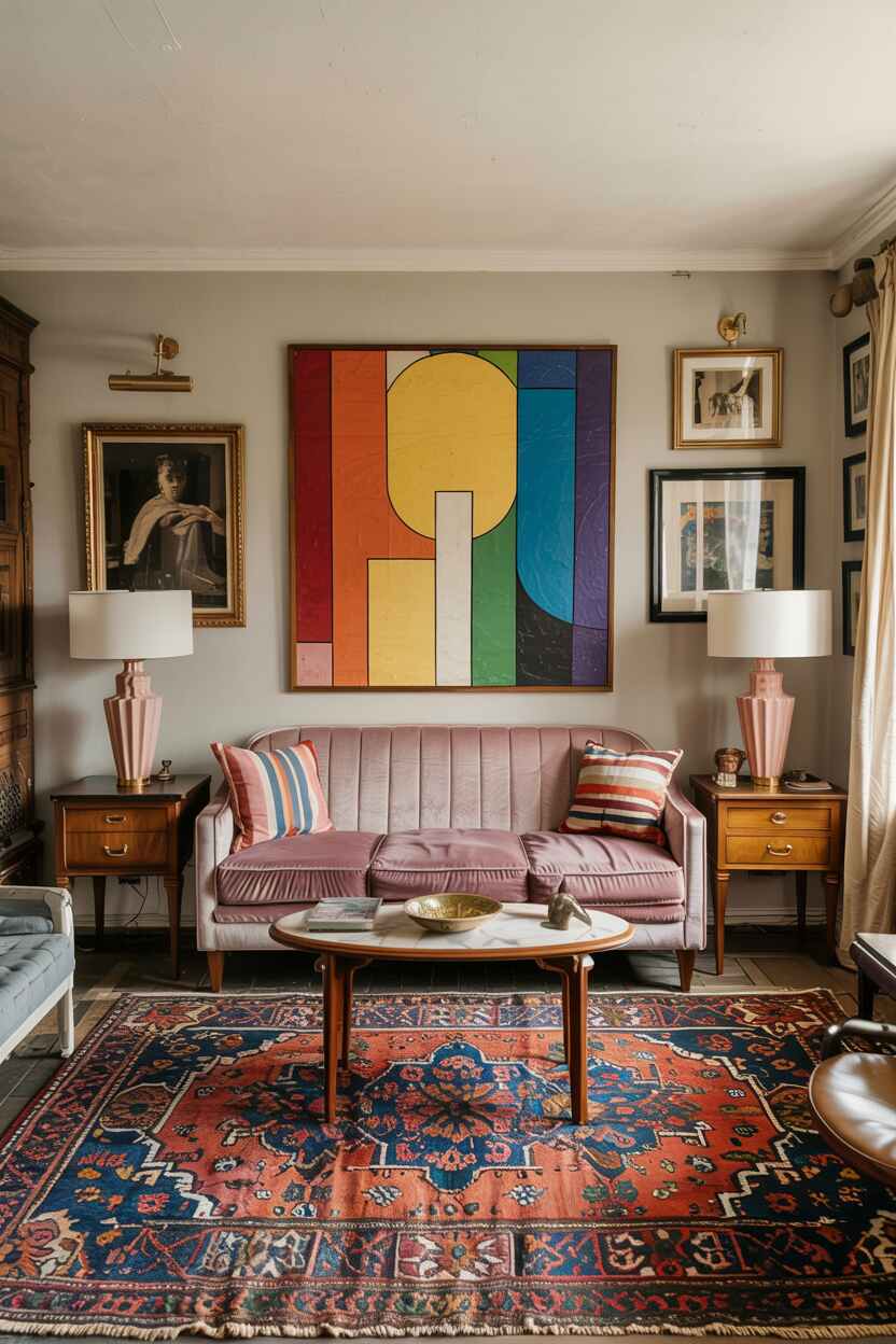 What is Vintage Interior Design Style: Timeless Appeal 7 Eclectic vintage living room combining mid-century sofa, Victorian tables, Art Deco lamps, and 1970s art unified by a Persian rug.
