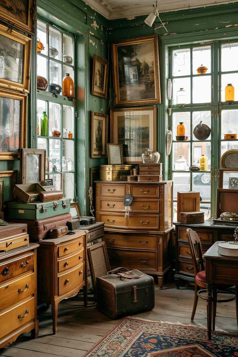 What is Vintage Interior Design Style: Timeless Appeal 8 Treasure-filled corner of antique store with stacked wooden furniture, ornate frames, old suitcases, and glass bottles in light.