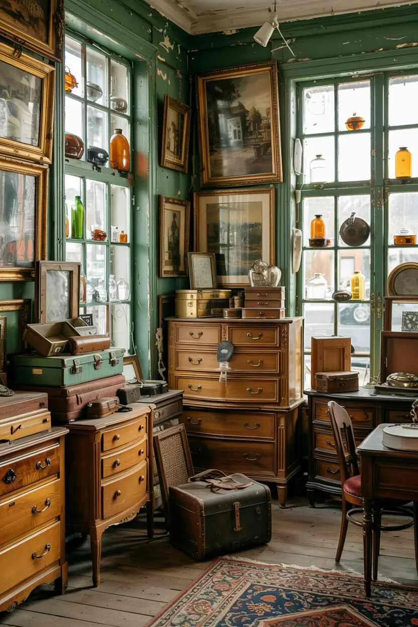What is Vintage Interior Design Style: Timeless Appeal 8 Treasure-filled corner of antique store with stacked wooden furniture, ornate frames, old suitcases, and glass bottles in light.