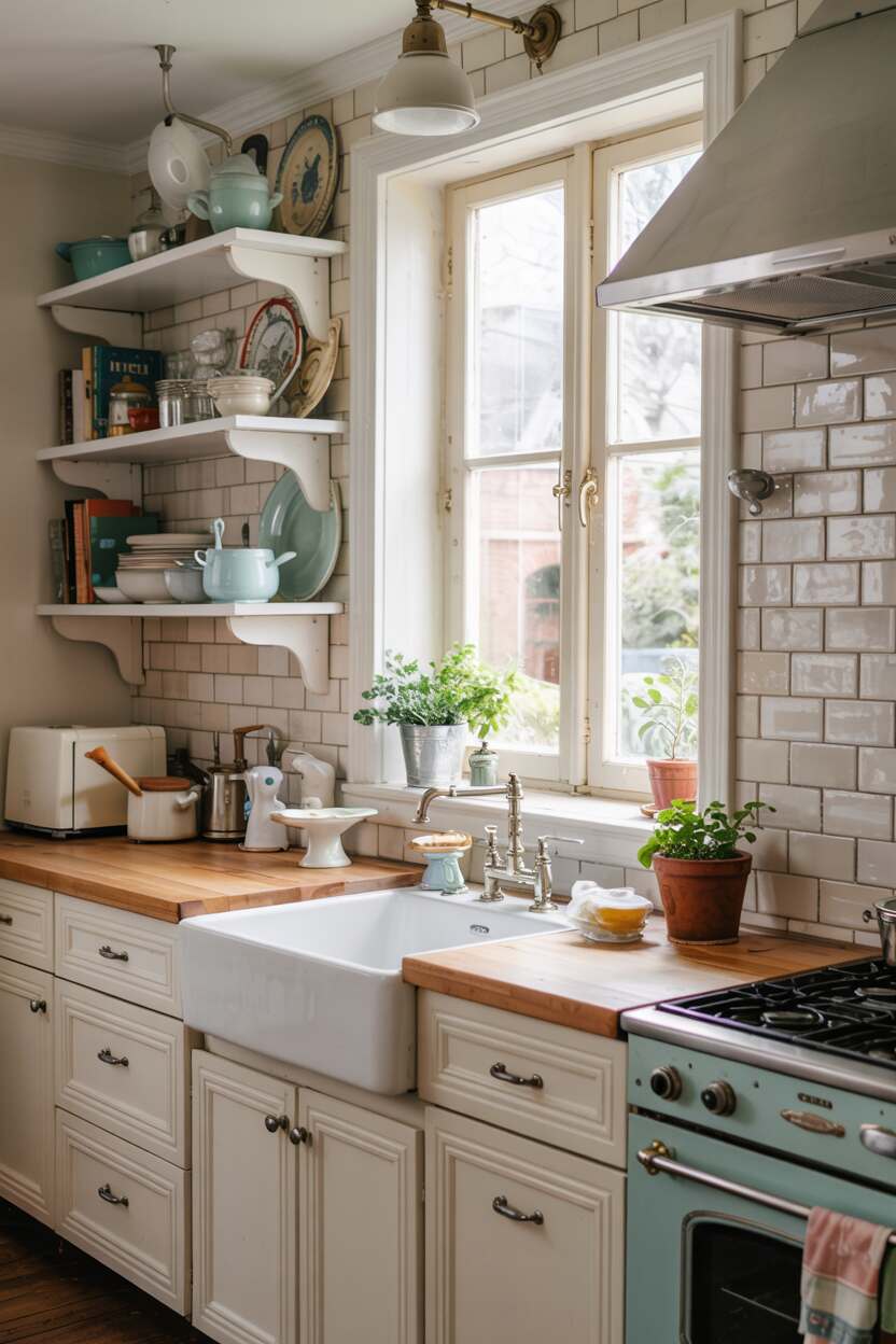 What is Vintage Interior Design Style: Timeless Appeal 9 Kitchen mixing vintage and modern with open shelving, collected china, farmhouse sink, butcher block counters and modern appliances.