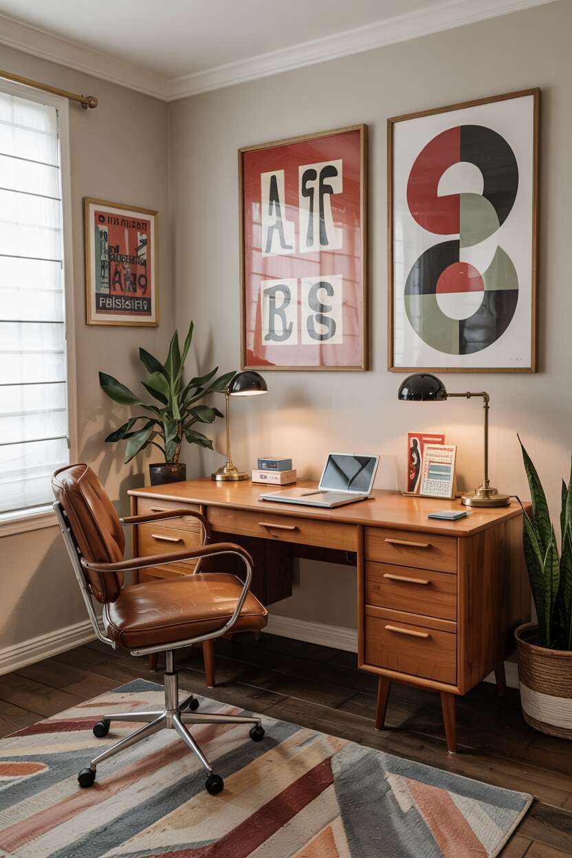 What is Vintage Interior Design Style: Timeless Appeal 10 A home office featuring a new desk with mid-century modern lines, paired with an authentic vintage office chair, retro-styled lamps, and wall art inspired by 1960s graphics.