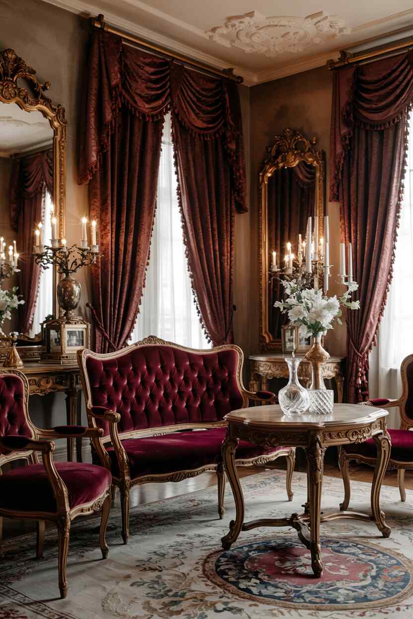 What is Vintage Interior Design Style: Timeless Appeal 11 A formal sitting room with ornate furniture including a tufted settee in deep burgundy velvet, carved wooden tables with curved legs, heavy drapes, antique frames, and crystal decanters catching light.