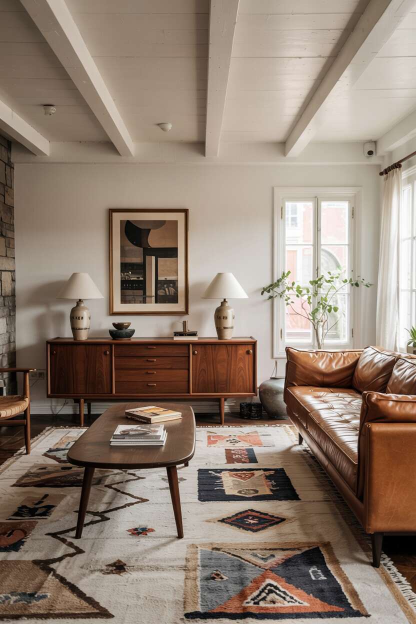 What is Vintage Interior Design Style: Timeless Appeal 12 A clean-lined living space featuring iconic mid-century furniture - a low-profile leather sofa, a teak credenza, a geometric-patterned area rug in muted tones, and simple ceramic table lamps with cone shades.