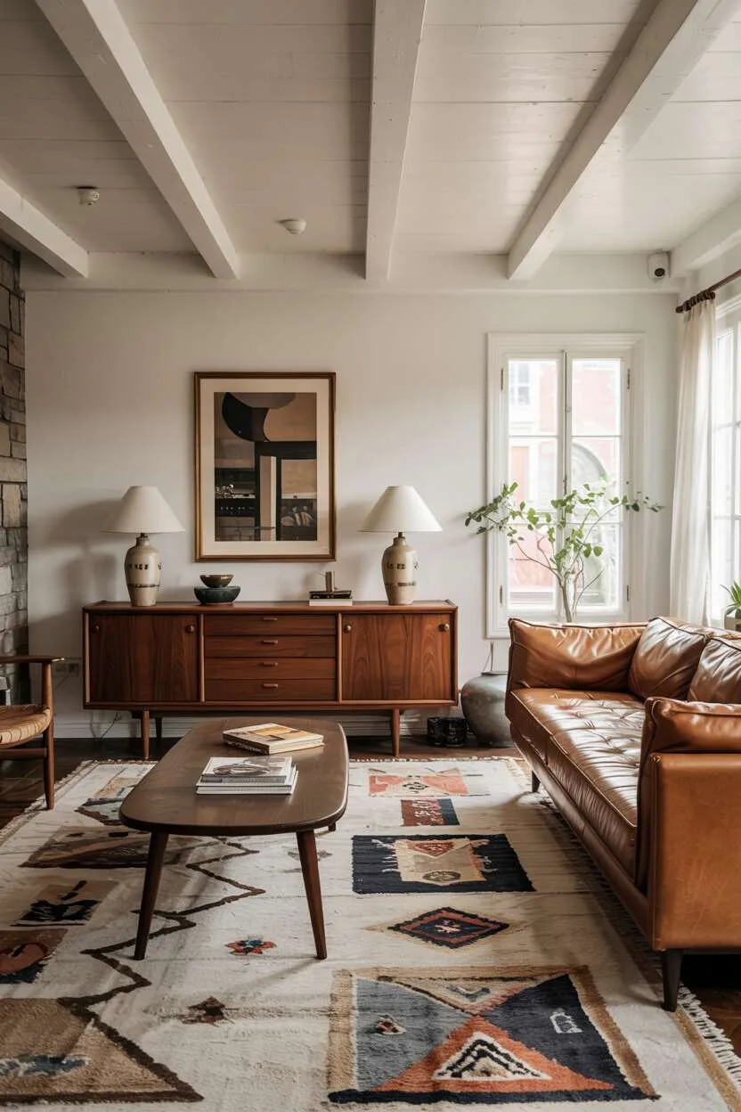 What is Vintage Interior Design Style: Timeless Appeal 12 A clean-lined living space featuring iconic mid-century furniture - a low-profile leather sofa, a teak credenza, a geometric-patterned area rug in muted tones, and simple ceramic table lamps with cone shades.