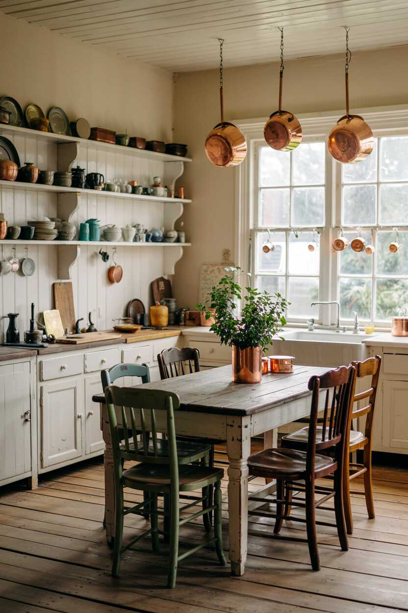 What is Vintage Interior Design Style: Timeless Appeal 13 A kitchen with white painted cabinets showing wear at the edges, open shelving displaying collected crockery, a farmhouse table with mismatched chairs, and hanging copper pots with natural patina.