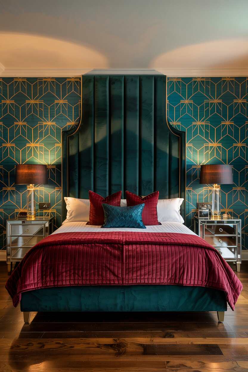 What is Vintage Interior Design Style: Timeless Appeal 14 A bedroom with bold geometric wallpaper in teal and gold, featuring a tall upholstered headboard, mirrored furniture pieces, glass lamps with black shades, and richly colored velvet accent pillows.