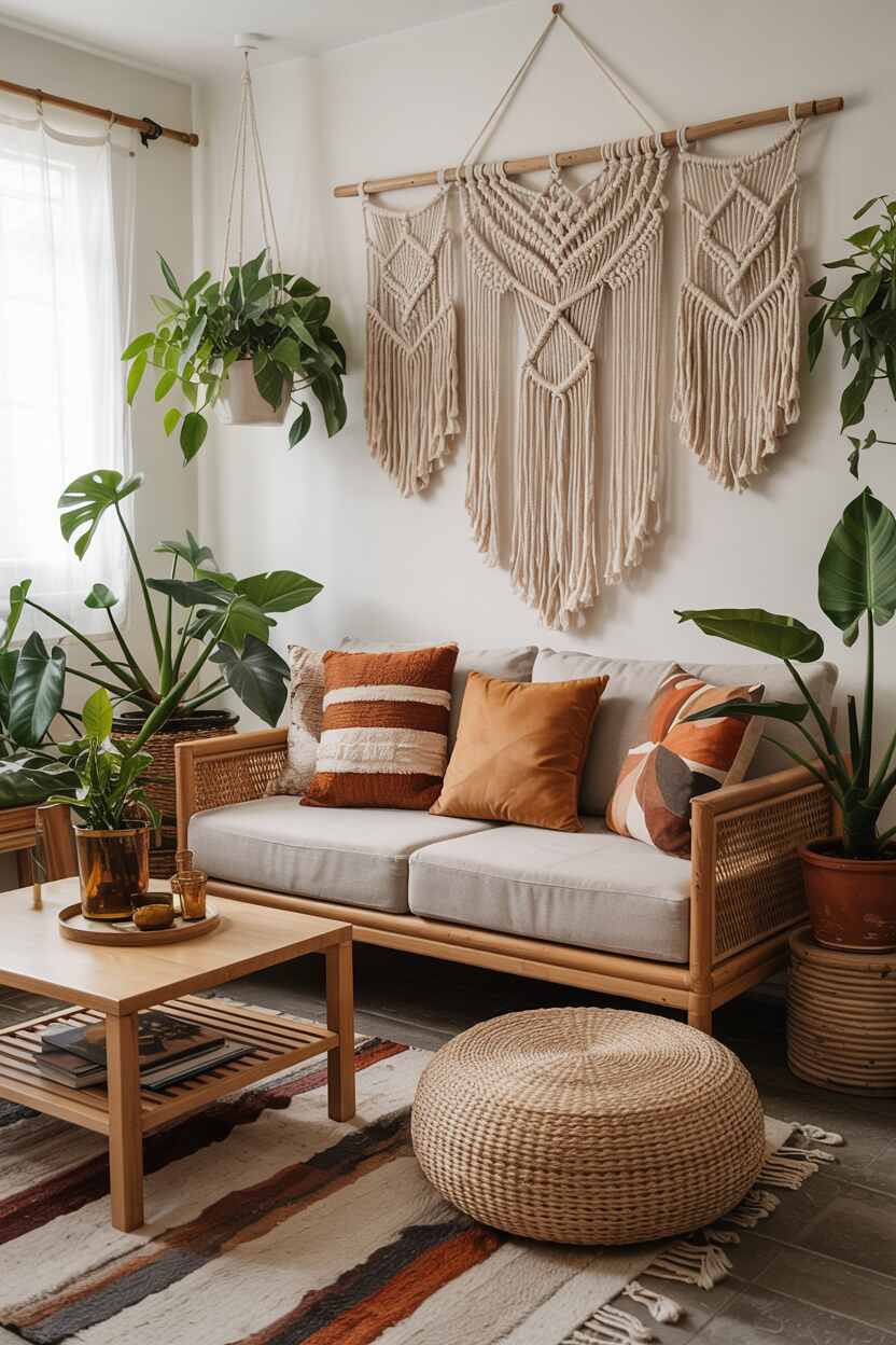 What is Vintage Interior Design Style: Timeless Appeal 15 A relaxed living room with macramé wall hangings, low-slung furniture, abundant houseplants in ceramic pots, rattan accents, and textured cushions in warm oranges, browns, and mustard yellows.
