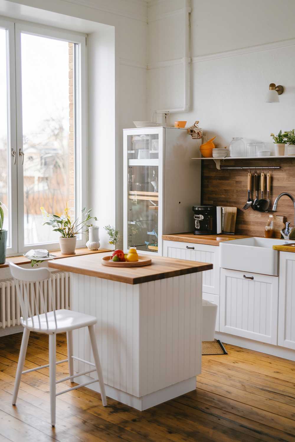 A white and wood kitchen decor with a modern design. There's a large window on the left, letting in natural light. The kitchen has a white island with a wooden countertop, a white cabinets, and a wood backsplash. There's a white chair and a potted plant near the window. On the right, there's a sink with a wooden front, and a few utensils hanging above it. The floor is made of wood.