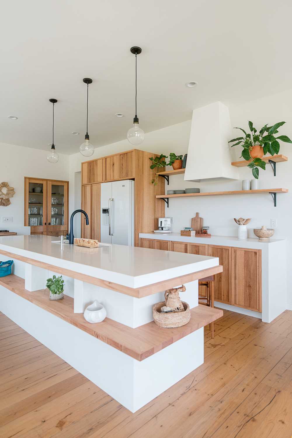 A white and natural wood kitchen decor. There's a large island with a white countertop and natural wood shelves. There's a white fridge and a natural wood cabinet. There are potted plants on the natural wood shelves. The floor is made of natural wood. There are pendant lights hanging over the island. The walls are painted white.