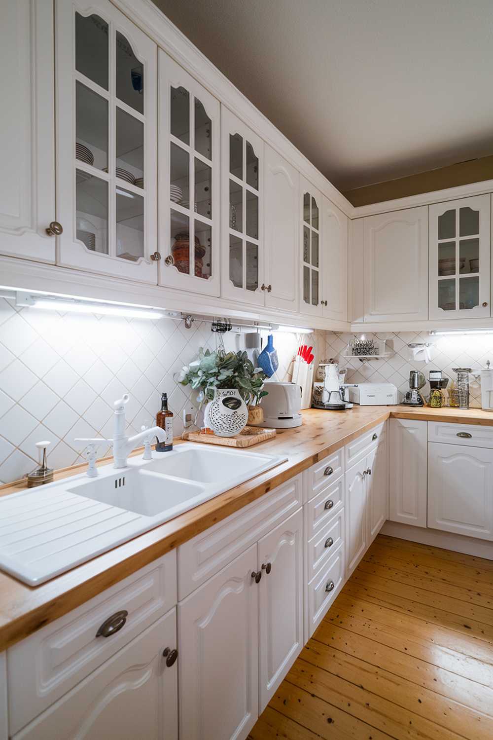 A wide shot of a kitchen with white cabinets and a natural wood countertop. There is a medium shot of a white sink, faucet, and a decorative item with a plant. The floor is made of natural wood. There are various kitchen utensils and appliances scattered throughout the space. The lighting is bright.