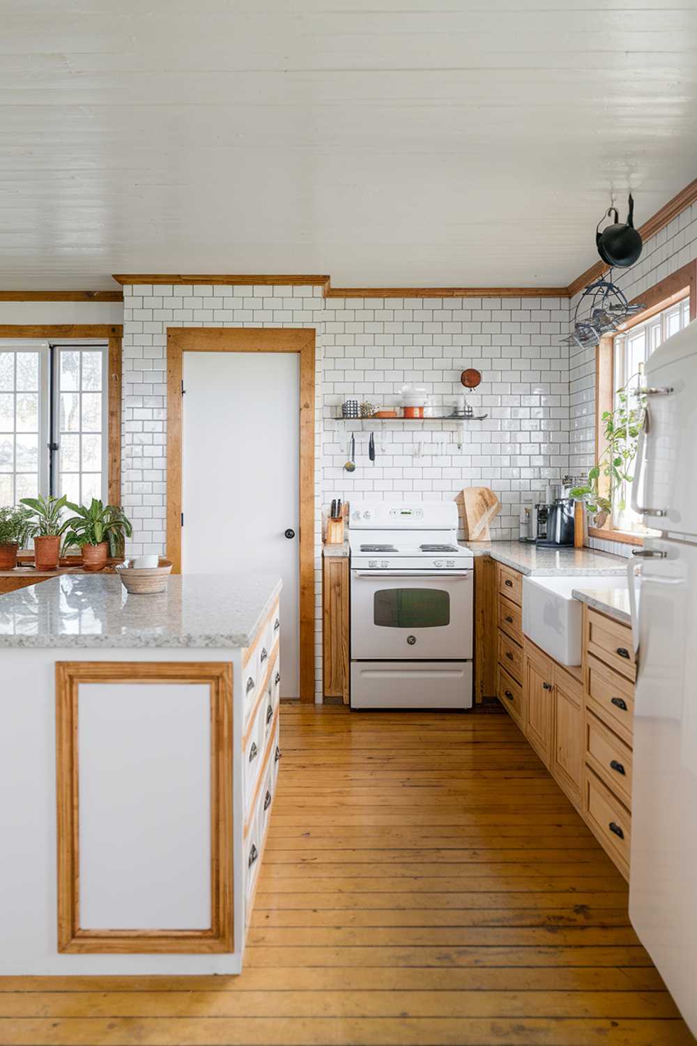 A white and natural wood kitchen decor. The kitchen has a white island with a granite countertop and natural wood cabinets. The cabinetry also has a white door with a natural wood frame. The backsplash is a white subway tile with a natural wood border. There's a white stove, a white sink, and a white refrigerator. The floor is made of natural wood. There are potted plants near the window. The wall has a hanging pot rack.